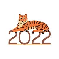 Frohes neues Jahr 2022, Jahr des Tigers. frohes neues jahr mit süßem tiger, der auf den zahlen 2022 liegt. vektor