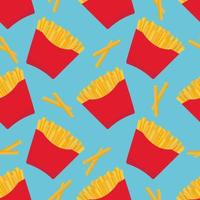 Vektor Musterdesign mit Pommes frites. Es kann für Textilien, Werbung, Website-Hintergründe, Buchumschläge, Verpackungen, Geschenkpapier, Kochbücher, Restaurantmenüs verwendet werden. Abbildung von Lebensmitteln.