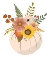 tecknad serie falla pastell vit pumpa med blommor och skog löv ClipArt. isolerat på vit bakgrund. säsong- höst design för hälsning eller affisch. vektor