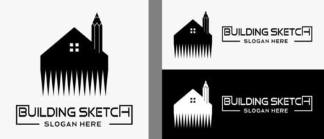 Bleistift-Logo-Design-Vorlage mit Haus-Symbol im kreativen Konzept. Premium-Vektor-Gebäude oder Gebäudedesigner-Logo-Illustration vektor