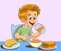 söt leende pojke har frukost i de kök, färgrik karaktär vektor illustration