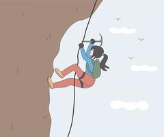 modig klättrare klättrande en berg topp vektor