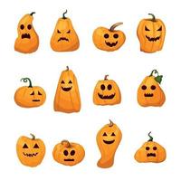 eine Reihe von Kürbissen auf weißem Hintergrund. orange Kürbis mit Emotionen für Ihr Design für den Halloween-Urlaub. Vektorillustration im Cartoon-Stil. Herbstferien. vektor