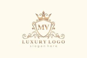 Royal Luxury Logo-Vorlage mit anfänglichem mv-Buchstaben in Vektorgrafiken für Restaurant, Lizenzgebühren, Boutique, Café, Hotel, Heraldik, Schmuck, Mode und andere Vektorillustrationen. vektor