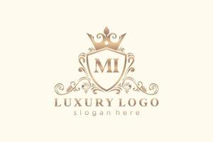 första mi brev kunglig lyx logotyp mall i vektor konst för restaurang, kungligheter, boutique, Kafé, hotell, heraldisk, Smycken, mode och Övrig vektor illustration.