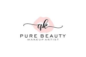 vorgefertigtes Logo-Design mit anfänglichen qk-Aquarelllippen, Logo für Make-up-Künstler-Business-Branding, errötendes Beauty-Boutique-Logo-Design, Kalligrafie-Logo mit kreativer Vorlage. vektor