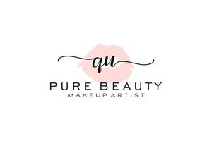 vorgefertigtes Logo-Design mit anfänglichen qu-Aquarelllippen, Logo für Make-up-Künstler-Business-Branding, errötendes Beauty-Boutique-Logo-Design, Kalligrafie-Logo mit kreativer Vorlage. vektor