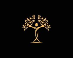 Gesunder Lebensstil mit flachem Vektor-Logo-Design des goldenen Farbbaum-Yoga-Symbols. vektor