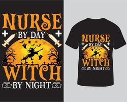 sjuksköterska förbi dag häxa förbi natt halloween tshirt design, Semester halloween citat tshirt proffs ladda ner vektor