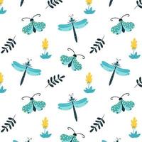 Nahtloses Muster mit Schmetterlingen, Motten, Libellen und botanischen Elementen. Vektormuster im Cartoon-Stil. für Kleidung, Stoffe, Tapeten und alle Drucke auf weißem Hintergrund vektor