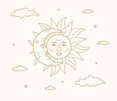 eine mystische umrissene Illustration mit einer Sonne und einer Mondsichel. goldene himmlische Kunstwerke. vektor