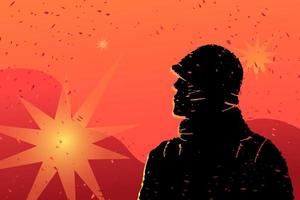 Die schwarze Silhouette eines Soldaten vor einem Hintergrund aus rotem Himmel und Explosionen ist eine Metapher für die posttraumatische Störung im Militär nach der Teilnahme an Kampfhandlungen. vektor
