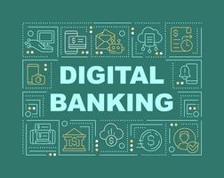 Wortkonzepte für digitales Banking dunkelgrünes Banner. E-Commerce. Infografiken mit bearbeitbaren Symbolen auf farbigem Hintergrund. isolierte Typografie. Vektorillustration mit Text. vektor