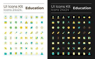 flache farbige ui-symbole für den fernunterricht, die für den dunklen, hellen modus eingestellt sind. E-Learning-Anwendung für Studenten. GUI, UX-Design für mobile App. Vektor isolierte RGB-Piktogramme.