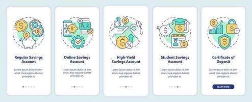 Arten von Sparkonten beim Onboarding des Bildschirms der mobilen App. Banking Walkthrough 5 Schritte editierbare grafische Anweisungen mit linearen Konzepten. ui, ux, gui-Vorlage. vektor