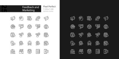 Feedback und Marketing Pixel perfekte lineare Symbole für den dunklen, hellen Modus. Werbeoptimierung. Kunden engagieren. dünne liniensymbole für nacht, tag thema. isolierte Illustrationen. editierbarer Strich vektor