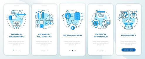 data analytiker Kompetens blå onboarding mobil app skärm. yrke genomgång 5 steg redigerbar grafisk instruktioner med linjär begrepp. ui, ux, gui mall. vektor