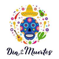 dia de los muertos kalligrafi hand text med socker skalle, maracas, gitarr och blommor. latin Amerika Semester dag av de död- baner. vektor mall för hälsning kort, baner, affisch, inbjudan