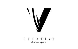 schwarzes buchstaben-v-logo mit führenden linien und negativem raumdesign. brief mit geometrischem und kreativem schnittkonzept. vektor