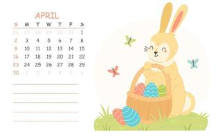 April Kinderkalender für 2023 mit einer Illustration eines süßen Kaninchens mit Ostereiern in einem Korb. 2023 ist das Jahr des Hasen. Vektor Frühling Ostern Illustration der Kalenderseite.