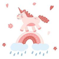 süßes einhorn auf regenbogen mit wolke und regentropfen im flachen karikaturstil. vektorillustration von babypferd, ponytier in rosa farbe für stoffdruck, bekleidung, kindertextildesign, karte vektor