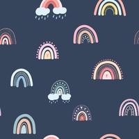sömlös mönster med hand dragen regnbågar, hjärtan, moln, regndroppar. vektor bakgrund med färgrik pastell regnbåge barnslig scandinavian stil för tyg skriva ut, kläder, barn textil- design