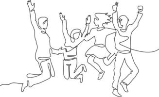 kontinuerlig linje teckning av Lycklig människor team Hoppar glädje. människor Hoppar ett linje kontinuerlig linje teckning av fyra Hoppar Lycklig team medlemmar vektor