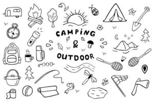 Set von Camping- und Wanderelementen im Doodle-Stil. Picknick, Reisezubehör und Ausrüstung. Hand gezeichnete Vektorillustration lokalisiert auf weißem Hintergrund. vektor