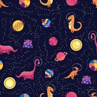 Dino im nahtlosen Muster des Raumes. süße drachenfiguren, reisende dinosauriergalaxie mit sternen, planeten. Kinder-Cartoon-Hintergrund. illustration des astronautendrachens, kinder, die mit kosmischem dino einwickeln vektor