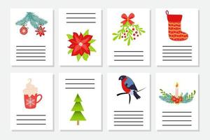 satz weihnachtsgruß oder einladung. postkarten mit neujahrssymbolen, weihnachtsbaum, schneeflocken, geschenken, zuckerstange vektor