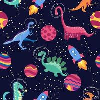 Dino im nahtlosen Muster des Raumes. süße drachenfiguren, reisende dinosauriergalaxie mit sternen, planeten. Kinder-Cartoon-Hintergrund. illustration des astronautendrachens, kinder, die mit kosmischem dino einwickeln vektor