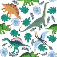 klotter dinosaurie mönster. sömlös textil- drake skriva ut, trendig barnslig tyg bakgrund, tecknad serie dinosaurier. vektor