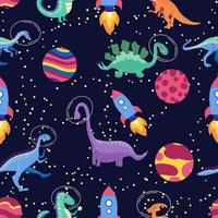 Dino im nahtlosen Muster des Raumes. süße drachenfiguren, reisende dinosauriergalaxie mit sternen, planeten. Kinder-Cartoon-Hintergrund. illustration des astronautendrachens, kinder, die mit kosmischem dino einwickeln vektor