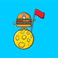 söt tecknad serie burger stående på de måne med flagga vektor