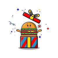 söt tecknad serie burger kommande ut från stor gåva låda vektor