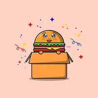 söt tecknad serie burger karaktär kommande ut från låda vektor