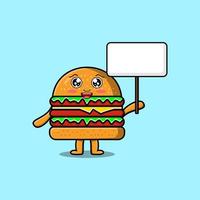 söt tecknad serie burger karaktär innehav tom styrelse vektor