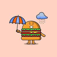 niedlicher burger-karikaturcharakter in regen und regenschirm vektor