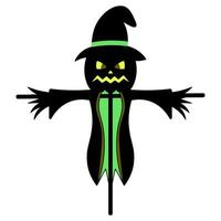 fågelskrämma. silhuett. skrämma fåglar bort. pumpa på de huvud. arg ansiktsbehandling uttryck med lysande ögon. en scarecrow i trasor och en hatt. vektor illustration. ett olycksbådande grimas. halloween symbol.