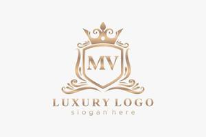 Royal Luxury Logo-Vorlage mit anfänglichem mv-Buchstaben in Vektorgrafiken für Restaurant, Lizenzgebühren, Boutique, Café, Hotel, Heraldik, Schmuck, Mode und andere Vektorillustrationen. vektor