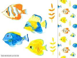 havsvatten fisk, objekt och sömlös mönster vektor