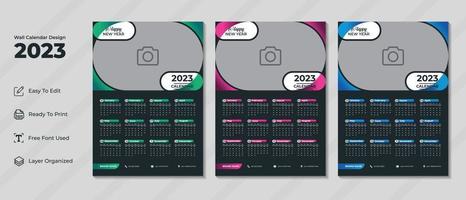 moderne Wandkalender-Designvorlage 2023 mit schwarzem Hintergrund. unternehmens- und geschäftsplanertagebuch für das neue jahr 2023, die woche beginnt am sonntag. vektor