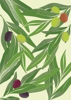 färgrik textur bakgrund med oliv grenar. mogen oliver på grön grenar. illustration av lokal- jordbruk. botanisk teckning i modern stil. färsk grönt för design. vektor