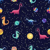 Dino im nahtlosen Muster des Raumes. süße drachenfiguren, reisende dinosauriergalaxie mit sternen, planeten. Kinder-Cartoon-Hintergrund. illustration des astronautendrachens, kinder, die mit kosmischem dino einwickeln vektor