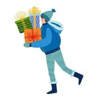 Ein junger Mann kauft ein und trägt Geschenkboxen. kerl mit geschenken für den urlaub oder aus dem verkauf. vektor