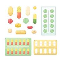 vektor uppsättning av illustrationer av tabletter, kapslar och paket med tabletter.