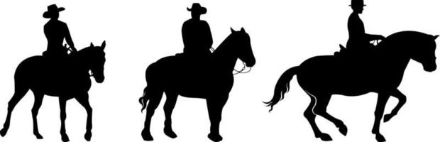 eine Reihe von Vektorsilhouetten von Pferden und Menschen, die sie reiten, einzeln auf weißem Hintergrund. vektor
