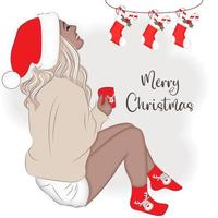 modern flicka på jul eve i en santa hatt, modern vektor illustration