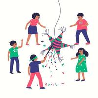 Kinder, die versuchen, eine Piñata mit einem auf Weiß isolierten Stock zu brechen vektor