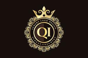 qi första brev guld calligraphic feminin blommig hand dragen heraldisk monogram antik årgång stil lyx logotyp design premie vektor